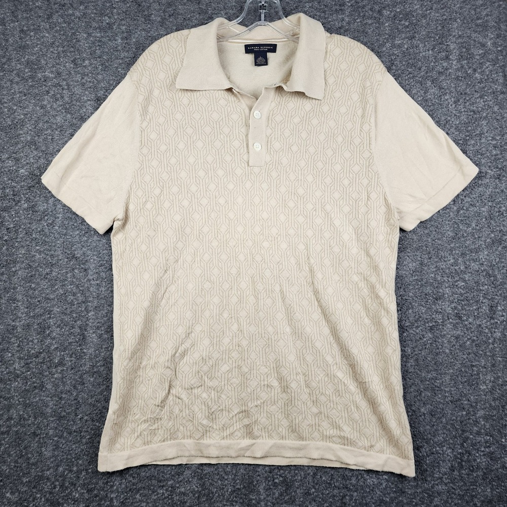 Banana Republic Knit Polo Shirt Mens Large Beige Vintage Pima Cotton Geometric‎